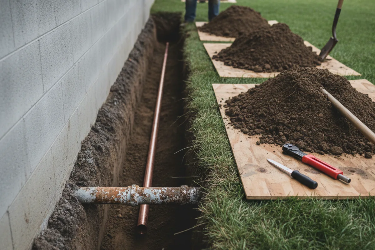 Excavated water line trench during Sewer Line Repair in Petrolia